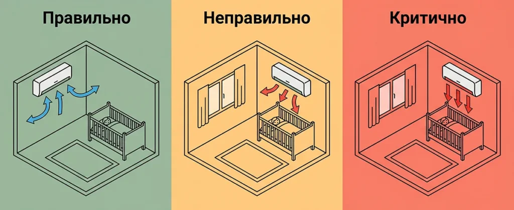 Схема правильного розташування кондиціонера в дитячій: три варіанти установки і напрямок повітряного потоку